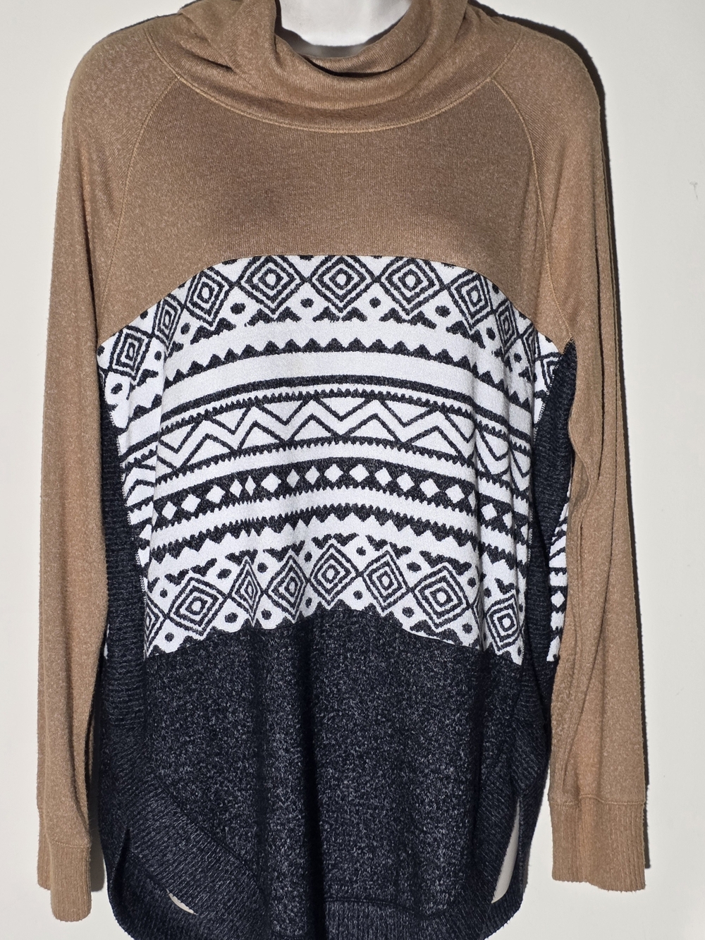 Maurices Colorblock Funnel Neck Sweater in Brown, Black & White